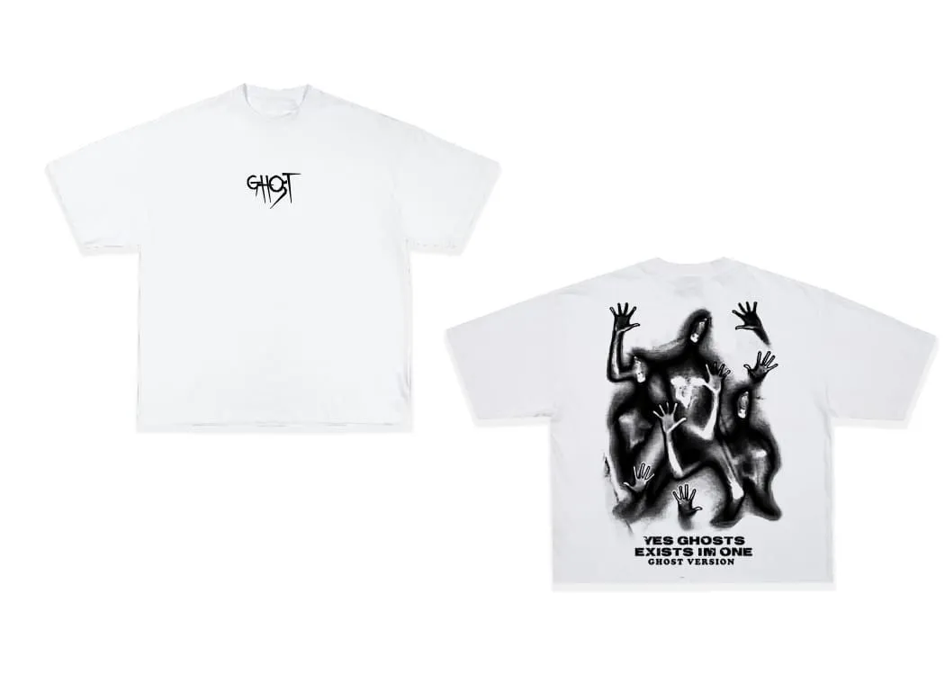 The front of a white shirt has a small piece of graphic text in black. The back of the same white shirt has a statement artwork with a range of different hands with text underneath.